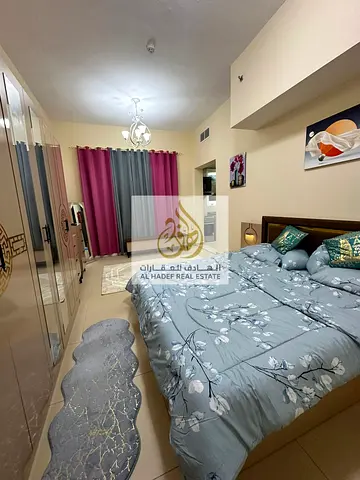Monthly rent in Ajman, Jasmine Towers, opposite City Centre. Furnished studio apartment with new furniture, balcony, separate kitchen, including utili