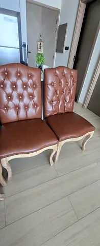 6 chairs of vintage tufted brown leather dining chairs with wooden legs