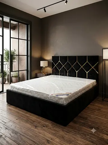 King Size Black Velvet  Bed with Upholstered Headboard