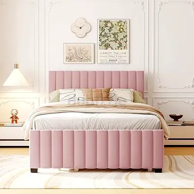 Modern Pink Velvet Upholstered Bed Frame