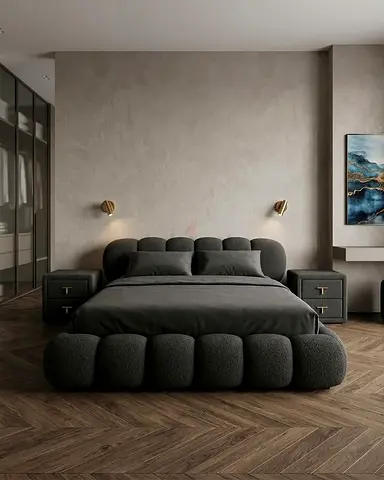 Modern upholstered king size bed with padded headboard and footboard
