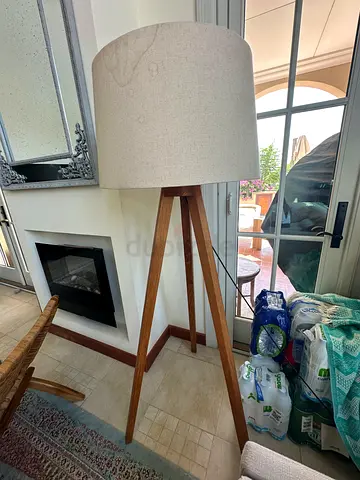 Wooden Tripod Floor Lamp with Beige Drum Shade