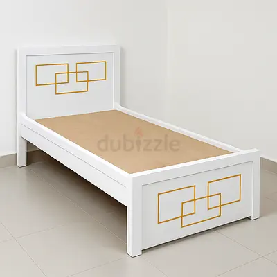 White Single Bed Frame with Gold Geometric Detail - Good Condition