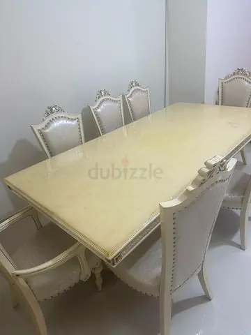 Cream Classic Carved Dining Table with 6 Upholstered Chairs