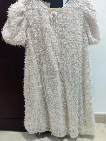 Cream textured fluffy short-sleeve dress - 9-10 years ...gift but oversized.. never used