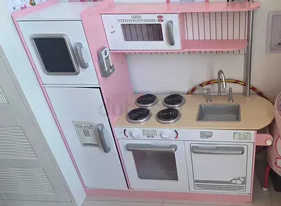 Pink Wooden Play Kitchen Set with Oven, Fridge and Sink