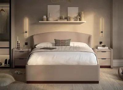 Warm beige queen bed with side tables