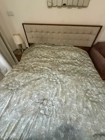 King bed with tufted headboard and mattress - good condition with dressing table and centre table