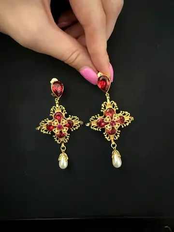 Dolce Gabbana vintage-style drop earrings with red stones and pearl drops