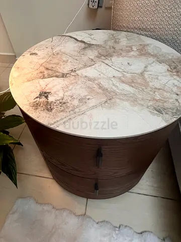 Melissa nightstand Round Marble-Top Side Table with Wood Base - Flawless Condition