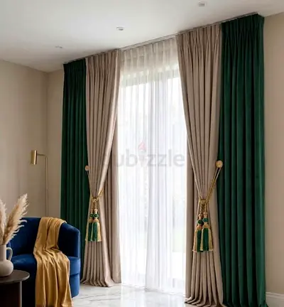 Double Layer Beige and Emerald Green Floor-Length Curtains with Sheer