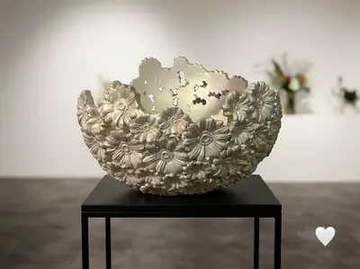 Decorative Ceramic Floral Bowl Sculpture - Large Ornate Centerpiece