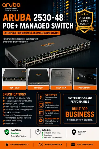 Aruba 2530-48 PoE+ Managed Switch - 48 Ports, Enterprise Grade