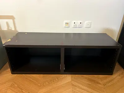 Low black TV stand / media console with two open compartments