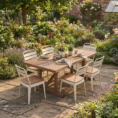 Outdoor wooden dining table with 6 metal-frame chairs - used, good condition