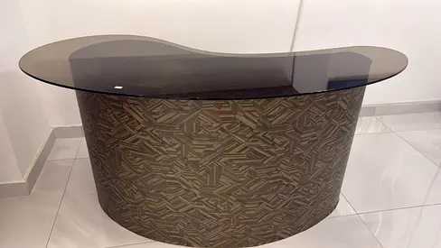 Curved Reception/Bar Table with Patterned Base and Smoked Glass Top