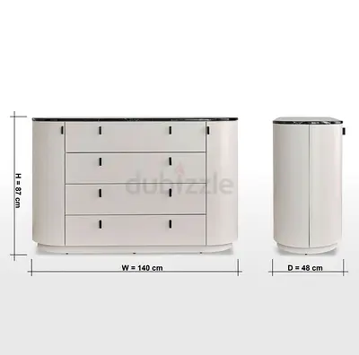 Melissa 4 drawer dresser with mirror Cream curved dresser with black marble top and round mirror.