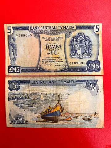 Pair of Vintage Malta 5 Pound Banknotes (Central Bank of Malta)