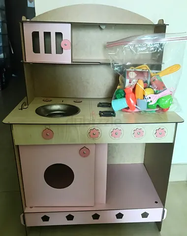 Wooden Play Kitchen Set with Accessories - Pink/Beige, Good Condition