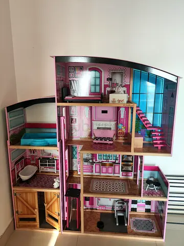 Large Pink Wooden Dollhouse - 3-Storey with Furniture