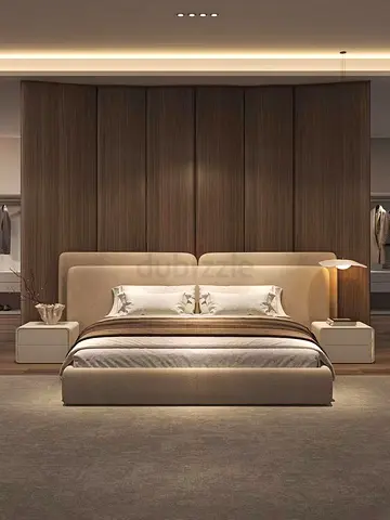 Modern upholstered king bed with integrated headboard and nightstands