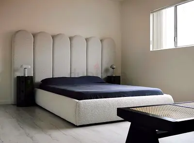 Bouclé Upholstered King Bed with Tall Scalloped Headboard -