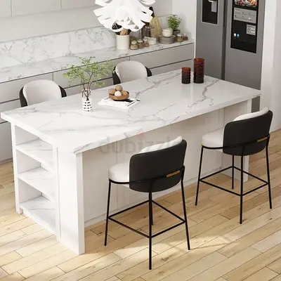 Modern White Marble Top Kitchen Island with Shelving