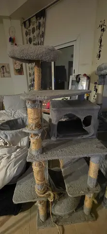 Used multi-level grey cat tree with condo and scratching posts