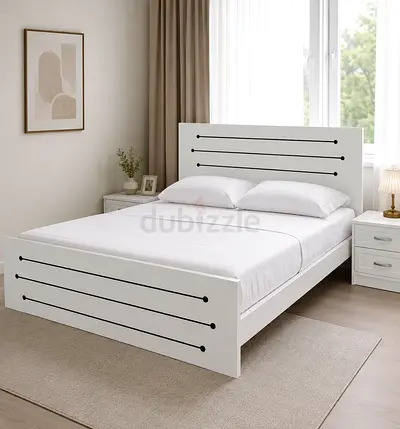 New White Modern Queen Bed Frame with Headboard and Footboard Nightstand
