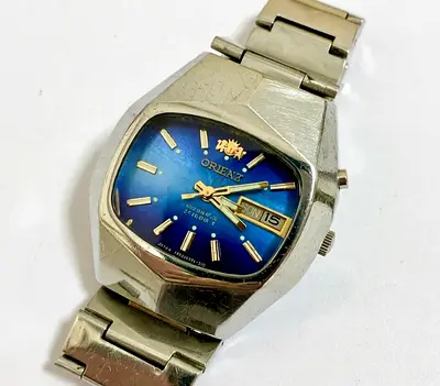 1970s Rare Collectible: Orient Automatic (Vintage Deep Blue Sunburst Dial, Day‑Date Display)