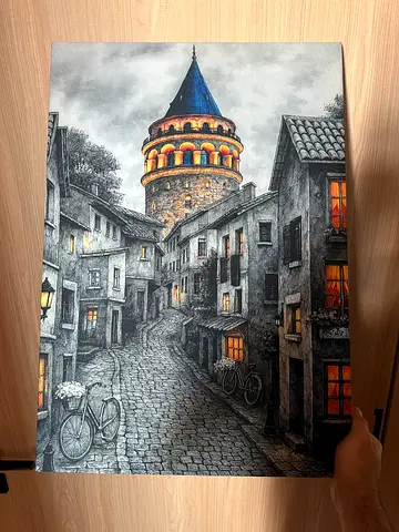 Canvas Wall Art: Vintage European Street with Tower (Framed)