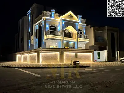 Abu Mido Corner Villa for sale in Al Helio 2, Ajman | 3,500 sq ft | Two floors + roof | 5 master bedrooms | Luxurious design and high-end finishes | R