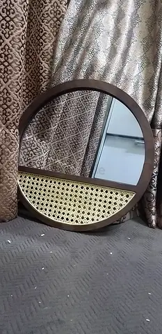 Round Wall Mirror with Woven Cane Detail - Dark Wood Frame