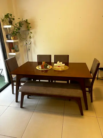 Solid Wood Dining Table with 4 Chairs and Bench - Good Condition