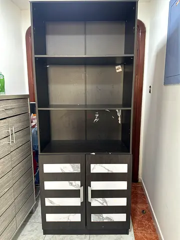 Dark wood cabinet with marble-effect drawers - good condition