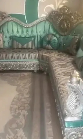 Large ornate blue and silver L-shaped sofa set (corner seating)