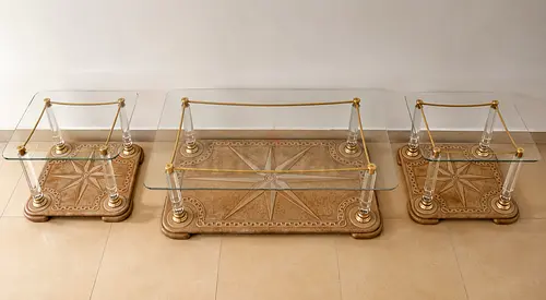 Three Piece Glass Top Coffee and Side Table Set with marble Stone Base