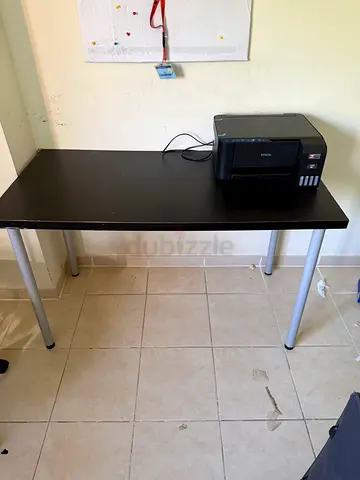 Simple black office desk with metal legs - good condition with chair
