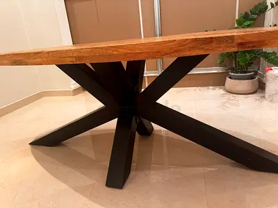 Solid Wood Dining Table with Black Metal X-Base