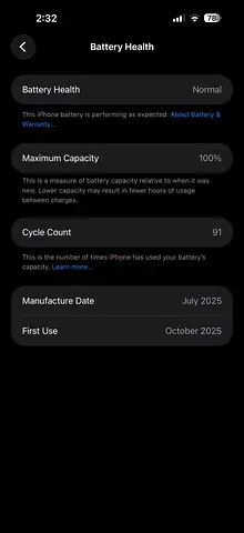 iPhone 17 pro max with 100% Battery Health, Low Cycle Count (Like New)