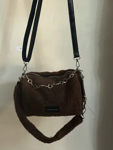 Brown faux-fur shoulder bag with detachable straps