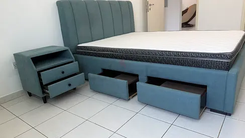 Queen size Fabric upholstered bed frame with storage drawers + matching bedside table+ Mattress