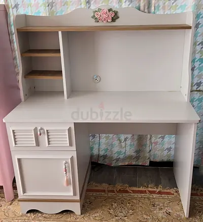 White wooden study desk with hutch and storage - good condition
