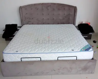 King size upholstered bed frame with mattress. Hydraulic bed
