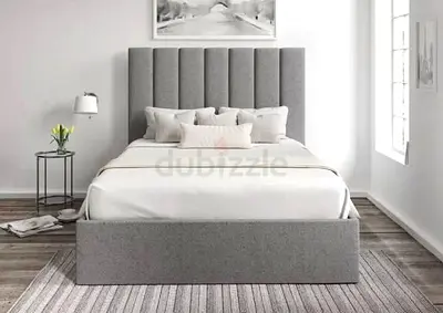 New Grey Upholstered Double Bed Frame with Vertical Channel Headboard
