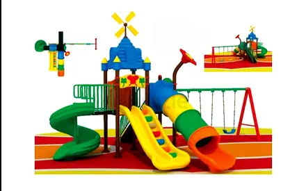 Outdoor kids playground set with slides, tunnel and swings