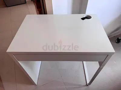 Compact White Desk with Cable Management and Single Drawer