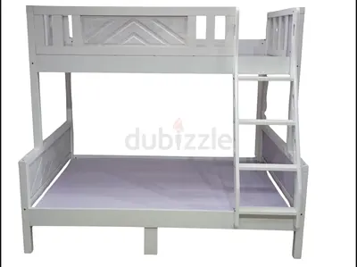 White Wooden Bunk Bed - Double Bottom, Single Top with Ladder