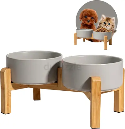 Elevated Ceramic Double Pet Bowl with Bamboo Stand - Grey (Unused)