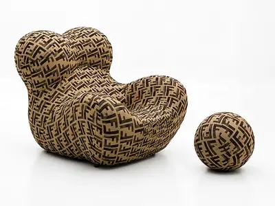Unique Designer Lounge Chair with Matching Pouf - Beige Patterned Upholstery